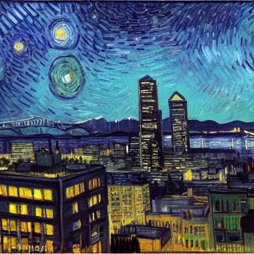 Image similar to downtown Seattle at night, 4k, by VanGogh