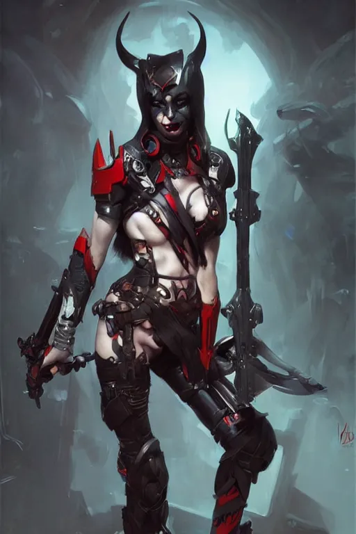 Image similar to portrait of dark eldar Harley Quinn in bikini armor, dc comics, cyberpunk, Warhammer 40000, dark fantasy, digital art from artstation by Ruan Jia and Mandy Jurgens and Artgerm and william-adolphe bouguereau
