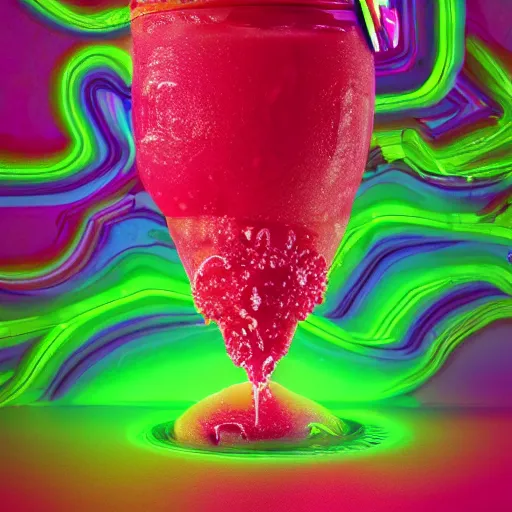 Image similar to cherry limeade smoothie drip explosion, intricate complexity, surreal horror, psychedelic glitch art, neon rainbow drip paint, trending on art station, photoreal, 8 k, octane render