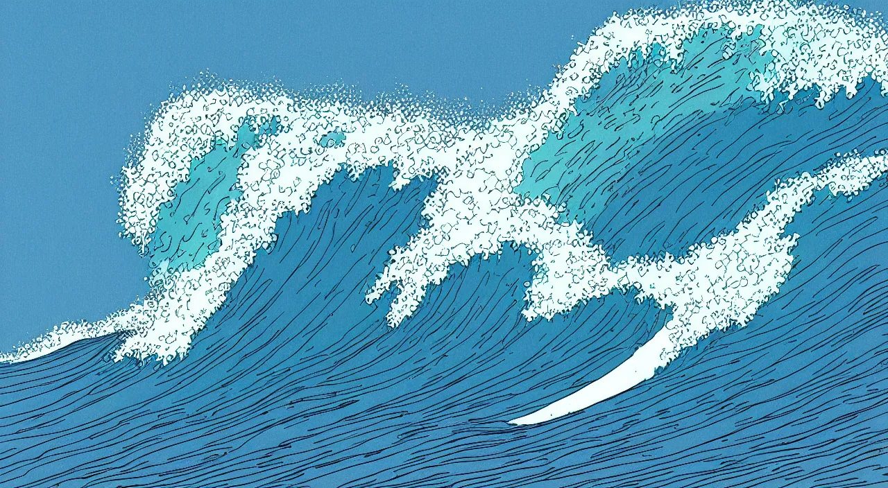 Prompt: Crashing ocean wave by Moebius, minimalist, detailed