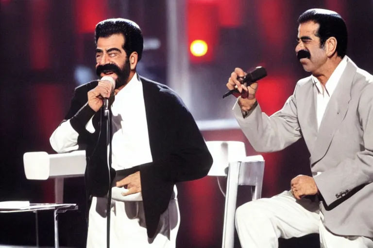 Prompt: saddam hussein singing a duet with celine dion on stage during a episode of the voice - g