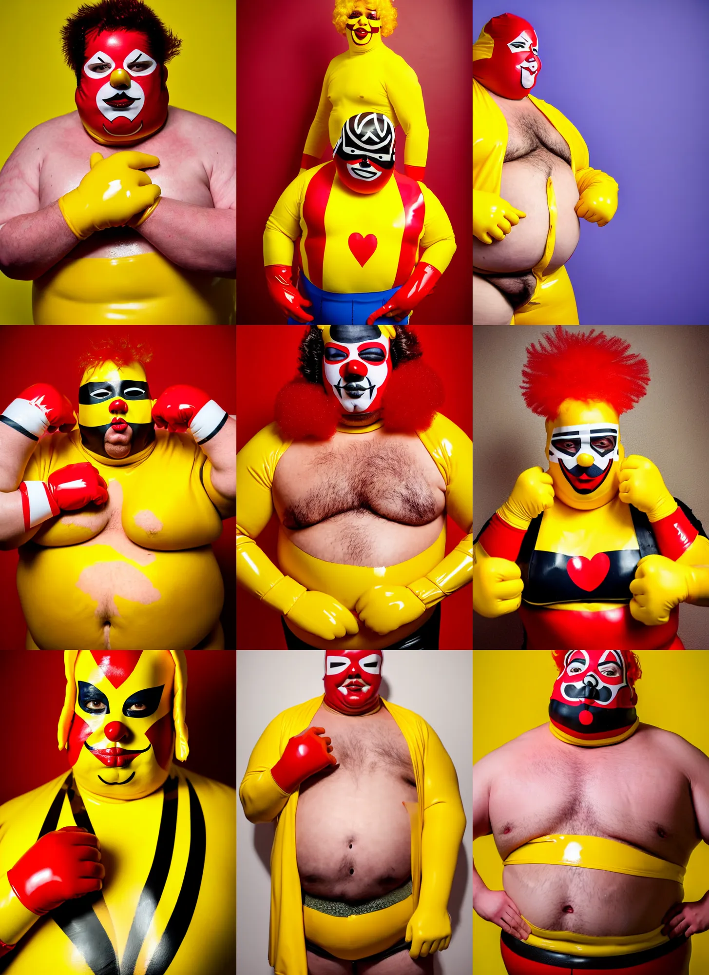 Prompt: portrait of a very chubby looking Lucha libre dressed in yellow and red Ronald McDonald rubber latex costume with red and white color latex sleeves and yellow latex gloves, hamburger tattoo on bare hairy chest, red Ronald McDonald hair, photography inspired by Oleg Vdovenko