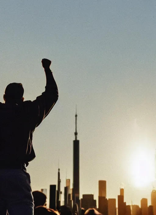 Image similar to a 3 5 mm photo from the back of a scientist raising a fist in triumph, standing in front of a city, splash art, movie still, bokeh, canon 5 0 mm, cinematic lighting, dramatic, film, photography, golden hour, depth of field, award - winning, anamorphic lens flare, 8 k, hyper detailed, 3 5 mm film grain