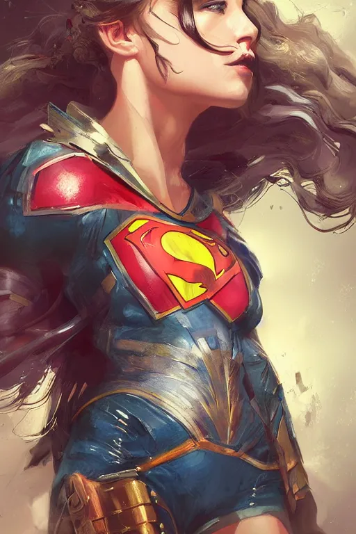 Image similar to three quarters portrait of a beautiful woman,super hero costume,heroic pose,highly detailed, digital painting,illustration, art by Stanley Lau