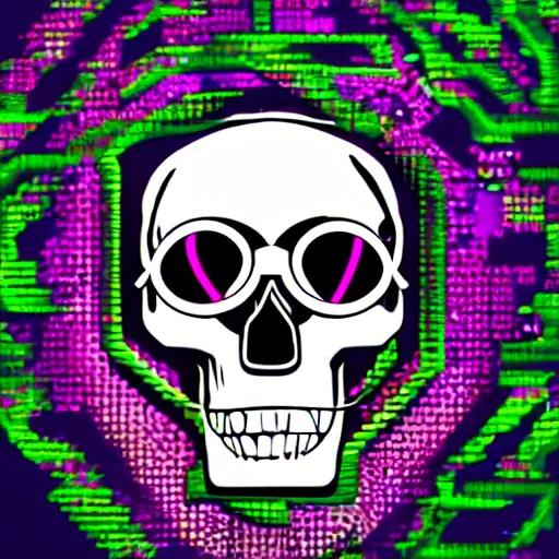 Prompt: a skull man wearing goggles with the words pixel spelt out above in a cyberpunk aesthetic