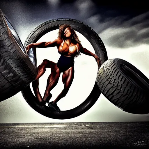Prompt: car jumping, bodybuilder, woman, photo, digital art, hands, underbody, tire, throw, standing