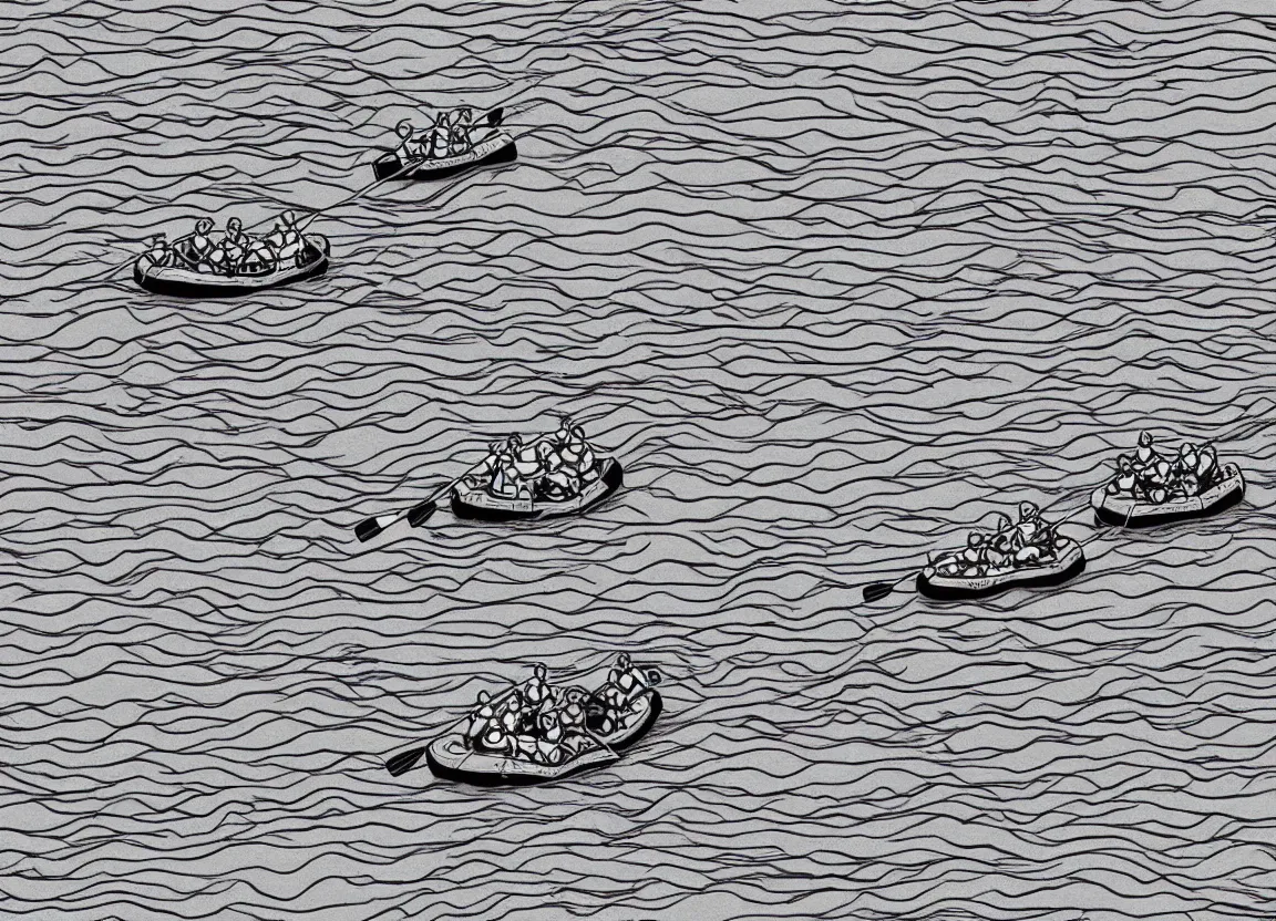 Image similar to a river rafting crew floating down a river, minimalist line drawing, clean long lines, ultra detailed