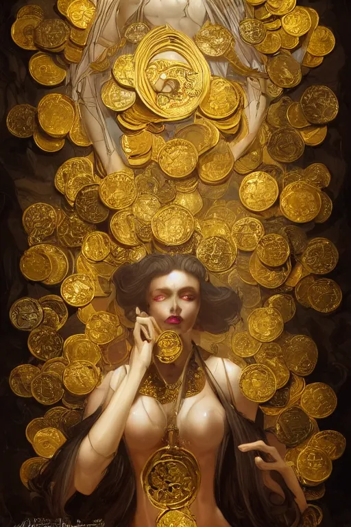 Prompt: greed deadly sin represented by a beautiful woman surrounded by gold coins, jewels, and treasure, style of peter mohrbacher, vray, highly detailed, luxury, fractal, gold inlay, dramatic lighting, golden ratio, elegant, epic, stained glass