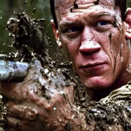 Image similar to film still of john cena as major dutch, covered in mud, hiding from the predator a few feet away from him in swamp scene in 1 9 8 7 movie predator, hd, 8 k