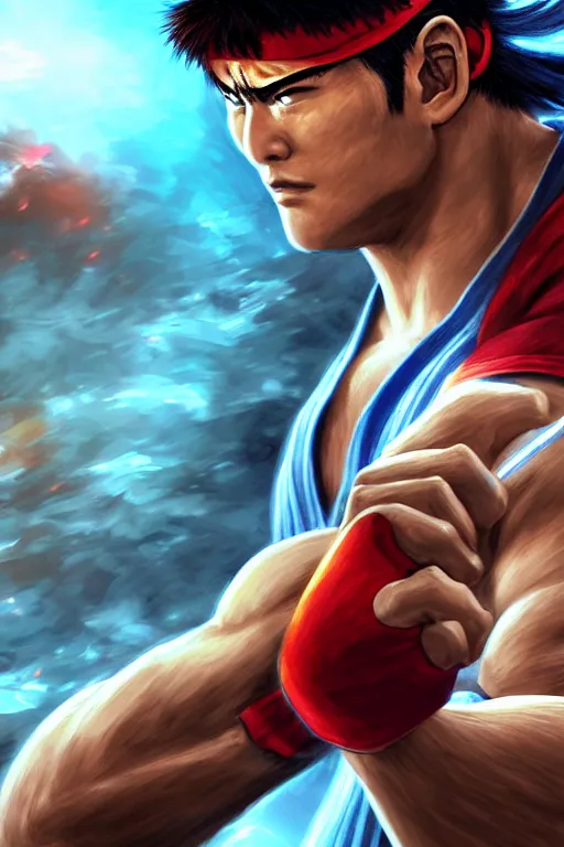 Premium Free ai Images  ryu street fighter character detailed portrait  fight blood scream blue energy blast full body background old style japan  house fire