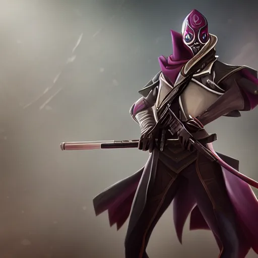 Image similar to jhin from league of legends with his rifle, cinematic shot, 4k detailed, digital art