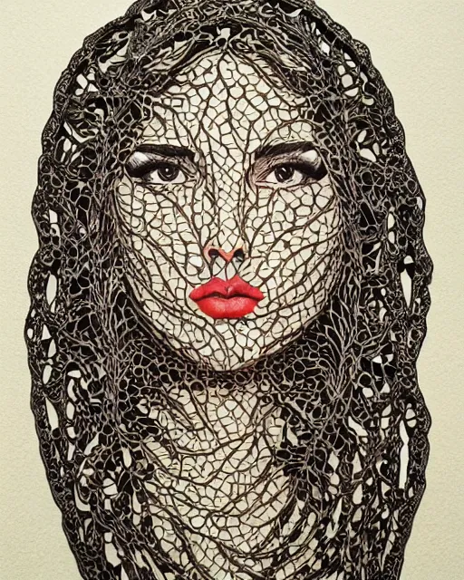Prompt: a woman's face in profile, made of intricate decorative lace leaves, in the style of casey weldon