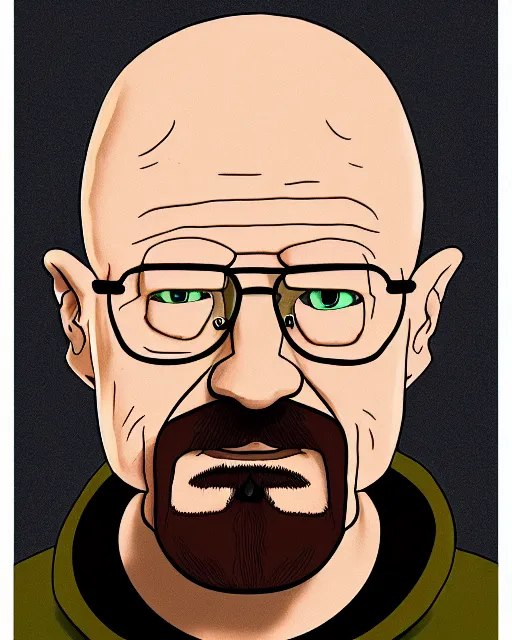 Image similar to portrait of walter white in the style of justin roiland. heisenberg from breaking bad. cinematic lighting. style of rick & morty. photographic, photography. by justin roiland