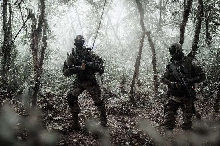 Image similar to Mercenary Special Forces soldiers in grey uniforms with black armored vest in a battlefield in the jungles 2022, Canon EOS R3, f/1.4, ISO 200, 1/160s, 8K, RAW, unedited, symmetrical balance, in-frame, combat photography