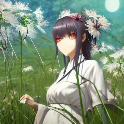 Image similar to portrait of odu nobukatsu combusting in the field of spider lilies, anime fantasy illustration by tomoyuki yamasaki, kyoto studio, madhouse, ufotable, square enix, cinematic lighting, trending on artstation