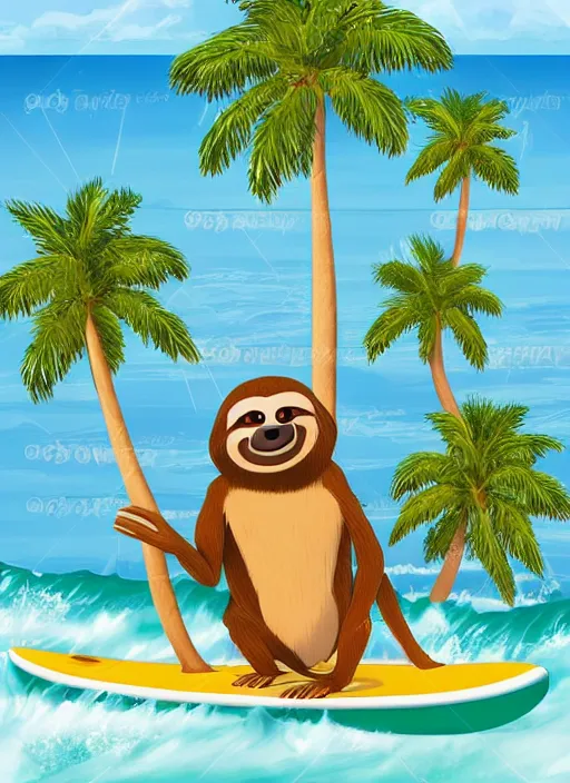 Image similar to disney pixar animation of a sloth riding a surfboard in tropical background waves palm trees, sandy beach