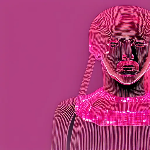 Image similar to illustration of a human form made of pink patch cables, using a large modular synthesizer