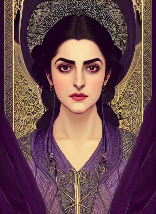 Image similar to centered portrait, Maya Ali as a D&D sorcerer, black hair, intricate robes, Art Nouveau, beautiful retro Fantasy heroine 1985, intricate, elegant, highly detailed, centered, digital painting, trending on artstation, concept art, smooth, sharp focus, illustration, art by raphael lacoste, eddie mendoza, Mucha, alex ross, WLOP