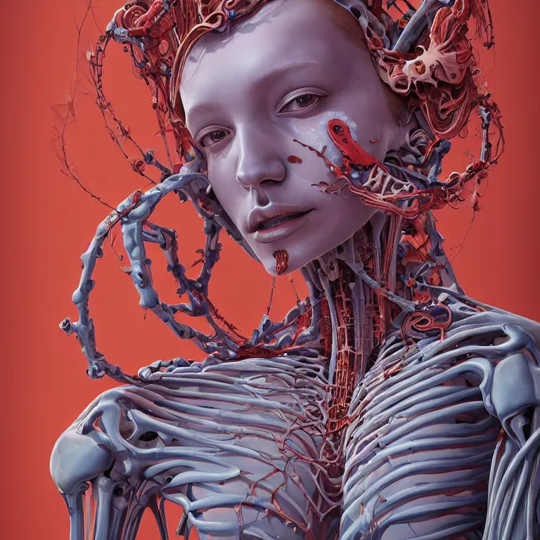 Image similar to portrait of beautiful!! horizontally symmetrical!! woman head with coral!! reef hair. torso, skeleton!, biomechanical android. soft light painted by james jean and moebius!!! and erik jones, inspired by mary jane ansell, smooth face feature, intricate oil painting, high detail 3 d render, sharp high detail