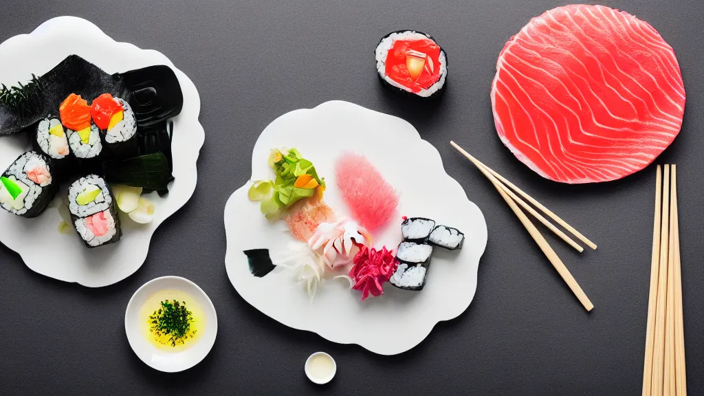 Image similar to an arrangement sushi on a white ceramic platter, japan, a collage painting, in the style of wes anderson, lola dupre, david hockney, isolated on negative white space background dark monochrome neon spraypaint accents volumetric octane render