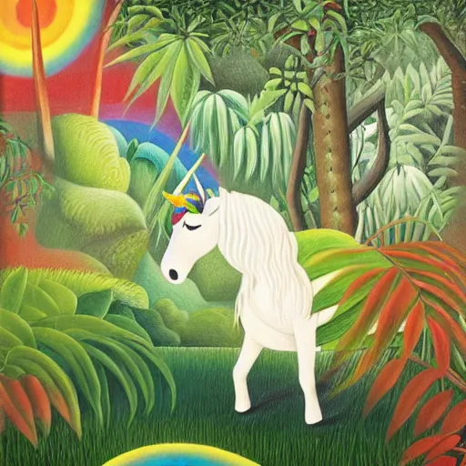Prompt: A unicorn walking over a rainbow in the jungle by Henri Rousseau and Isami kondo, trending on artstation
