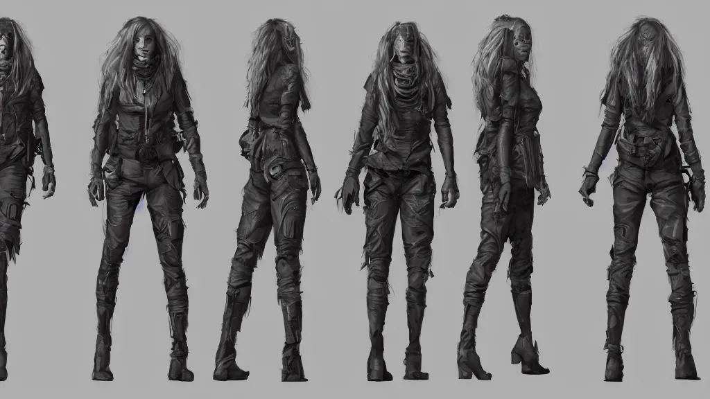 Prompt: character sheet for a grey long haired beautiful realistic female for futuristic baggy dark grey jacket oakley glasses military boots dystopian mad max like fashion brand demobaza on an alien planet, impact by craig mullins, by studio ghibli, digital art, trending on artstation, hd, 8 k, highly detailed, good lighting, beautiful, masterpiece