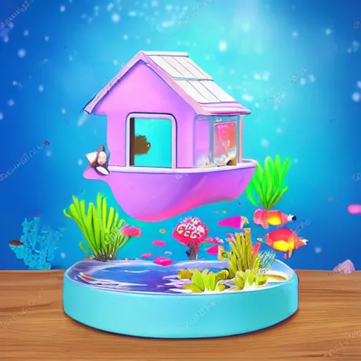 Image similar to cute kawaii anime cartoon fish tank, several fish swimming around, a small underwater house. Pastel colors