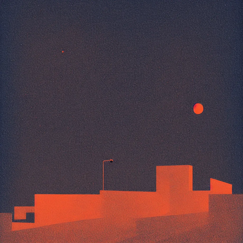 Image similar to staring at the night sky, mads berg, karolis strautniekas, film noir, stippled light, dramatic lighting, editorial illustration, detailed, fine texture, matte print, art deco, brutalism, dark blue + dark orange, red, black, ( ( habitat 6 7 background ) )