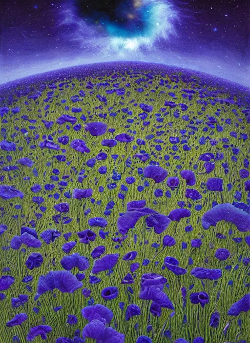 Image similar to detailed, intricate blue black and purple papaverum flower on the field, nebula, galaxy in the sky, winning award masterpiece, fantastically beautiful, illustration, aestheticly inspired, jacek yerka, upscale with anguissola sofonisba work, artstation, 8 k