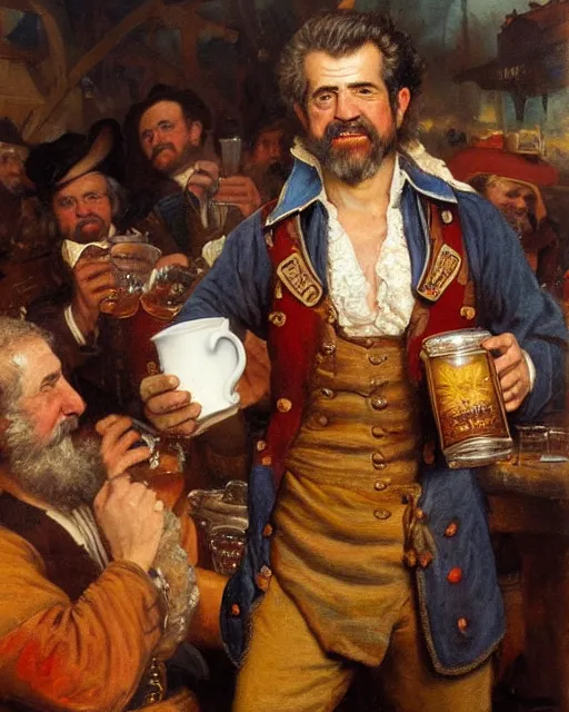 Prompt: a painting of mel gibson holding a mug of beer at the oktoberfest, a detailed painting by konstantin makovsky and by jan matejko and by nikolay makovsky, shutterstock contest winner, german romanticism, detailed painting, oil on canvas, wimmelbilder