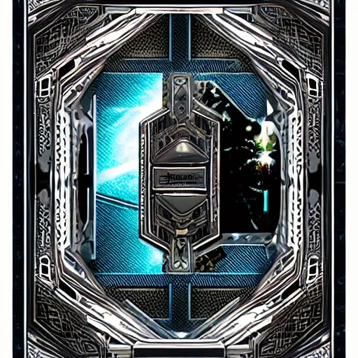 Image similar to game card frame, full view, futuristic, nft, clean centered album cover in intricate detail