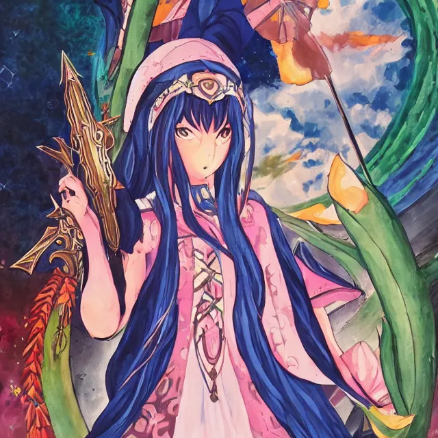 Prompt: the lone priestess of evermoon valley. this gouache painting by the award - winning mangaka has an interesting color contrasts.