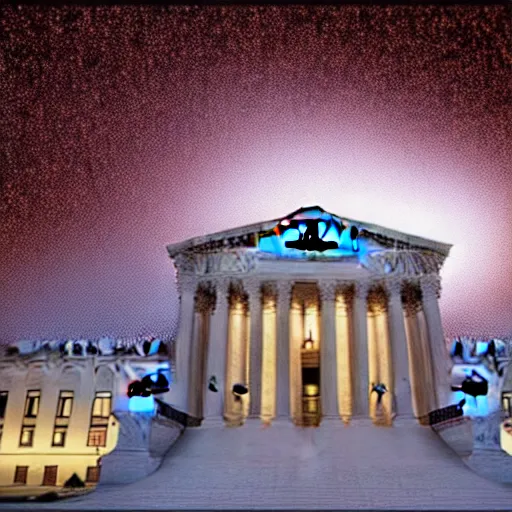 Image similar to Supreme court on fire at night, award winning photo, 8k hyperrealistic