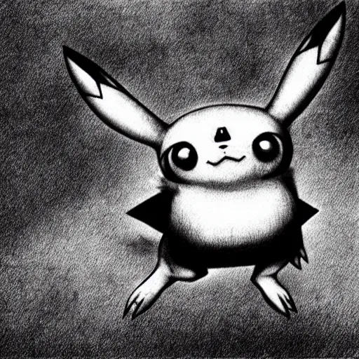 Prompt: a photograph of a realistic pikachu by tim burton, gothic, highly detailed