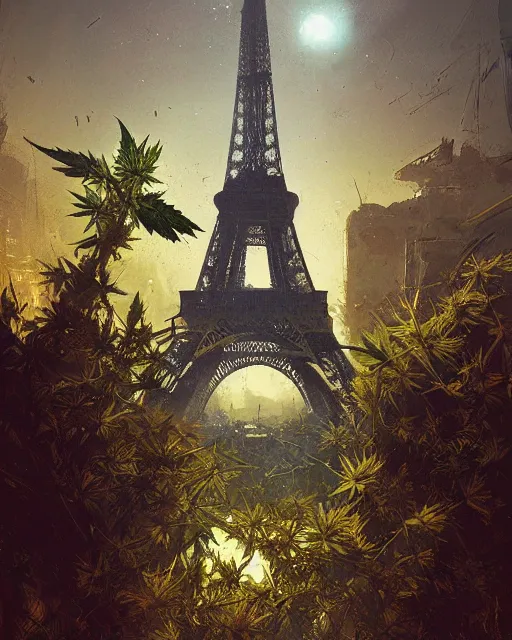 Prompt: eiffel tower made of weed leaves, clear sky, scifi character portrait by greg rutkowski esuthio craig mullins