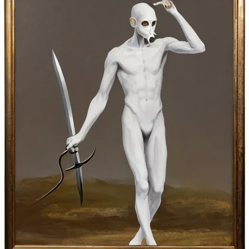 Prompt: fantasy painting of a pale man dressed in robes with a black blade, painted by Zdzlaw Bekinski and Bayard Wu, ultra detailed, 8k