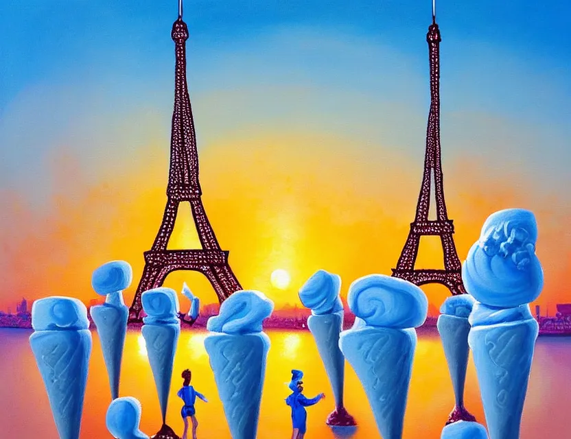 Prompt: a painting of a dancing ice sculture like the eiffel tower in paris with melting ice cream on the skyline of paris on a very sunny bright summer sunset day, very hot and the ice is melting fast and people are swimming in the icecream in the style of james jean and botero