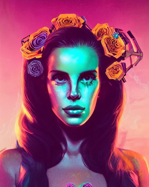 Image similar to portrait of lana del rey as a cyberpunk cyborg. sci - fi intricate abstract upper body intricate artwork, roses, rose petals by tooth wu, wlop, beeple, dan mumford. concept art, octane render, trending on artstation, greg rutkowski, asymmetrical, cinematic arthouse, key art, hyper realism, iridescent accents