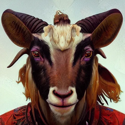 Prompt: Portrait of a Clockpunk goat, science fiction, highly detailed, digital painting, artstation, concept art, illustration, art by Greg Rutkowski and alphonse mucha