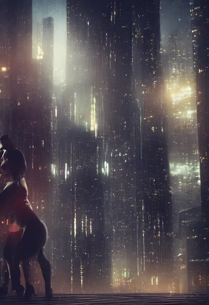 Prompt: she hug her husband that is sitting at his futuristic desk, lovely couple, blade runner style, hyper-realistic, octane render, realistic, real, sad, a couple consoling one another, strong woman, sad men, cinematic, 8k, very intricate, futuristic city behind the window, night