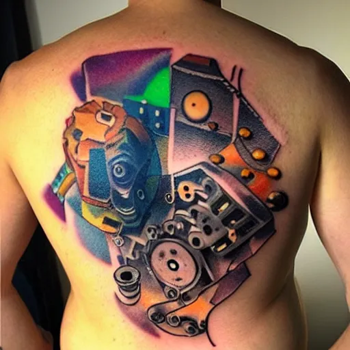 Image similar to backside on the shoulders is a tattoo of a 3 d hole in the skin with multicolored 3 d robotic mechanics and glowing computerparts inside under the skin, insanely integrate,