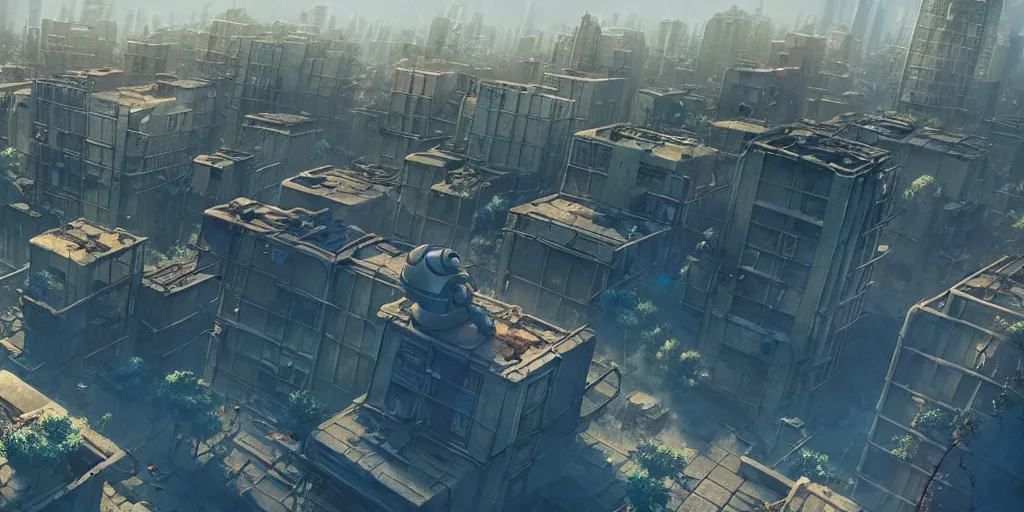 Prompt: a wholesome animation key shot of a post apocalyptic city urban landscape seen from above, covered by nature hipster vibes by studio ghibli, animation, sharp, rendered in unreal engine 5, focused, anime key art by greg rutkowski, bloom, dramatic lighting