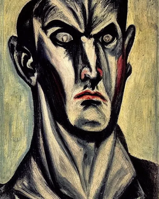 Image similar to Max Beckmann. El Greco. Oil on canvas. Portrait of a demon.