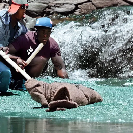 Prompt: DaBaby walking into river full of crocodiles riding a giant baseball cap