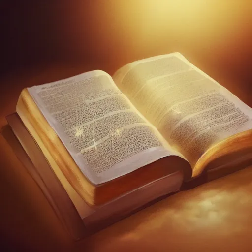 Image similar to photorealistic Bible, on a rock, heavenly light shining onto it, golden light, aura, cgsociety, artstationhq, digital art, detailed