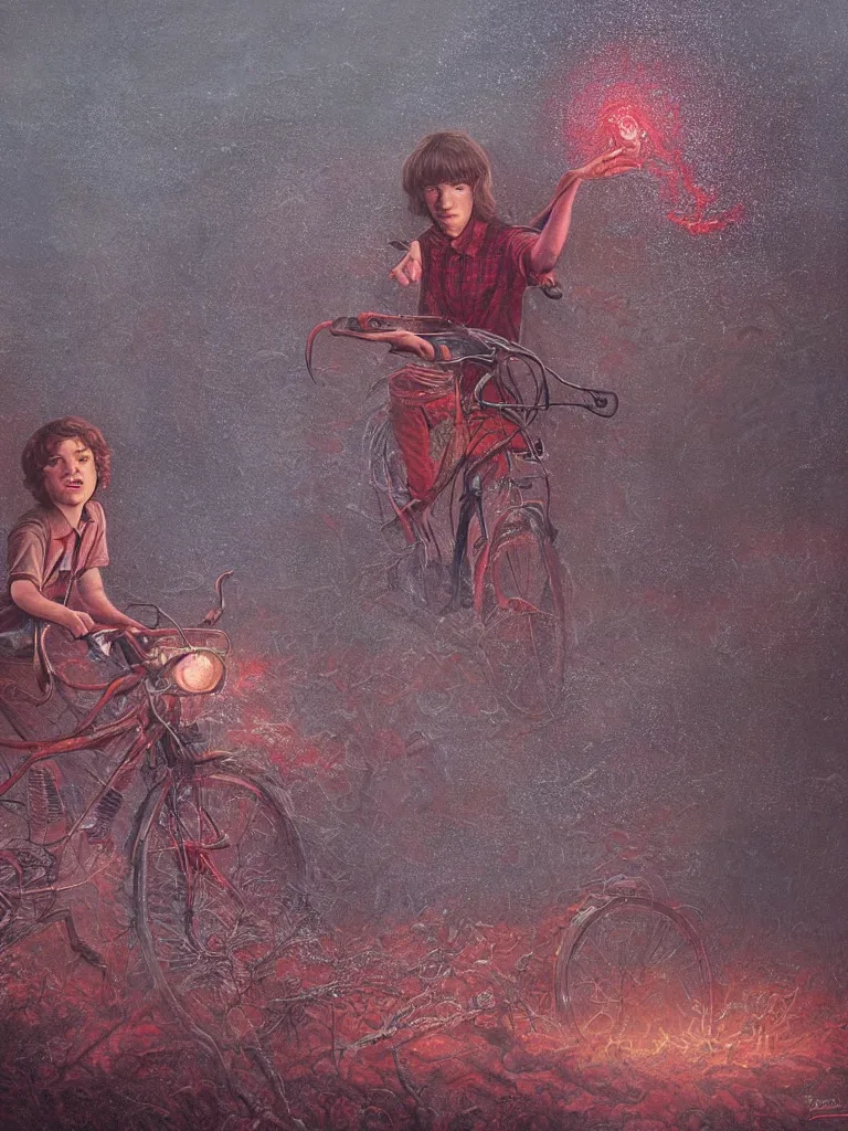 Prompt: a detailed painting with Mike Wheeler of Stranger Things being held by the red dust, rain, fear, traces by Andrew Ferez, cg society, fantasy art, biomorphic, mystical, whimsical