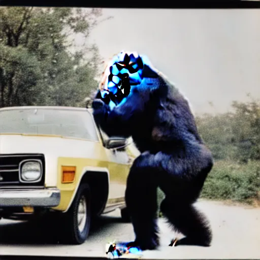 Image similar to A gorilla leans on the hood of a car dressed like a mechanic and holding a wrench, 70s photograph, newspaper photo