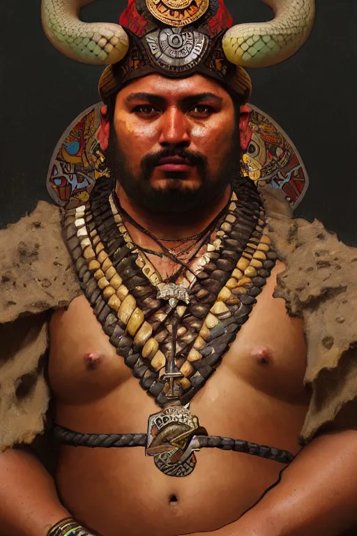 Prompt: full figure portrait of a beautiful aztec fat male warrior, snake helm, squared beard, rich cerimonial mantle, d & d character, sit on a decorated aztech stone throne, by greg rutkowski and alphonse mucha, hyperealistic, evocative light, highly detailed portrait, digital painting, concept art, smooth, sharp focus illustration, artstation hq