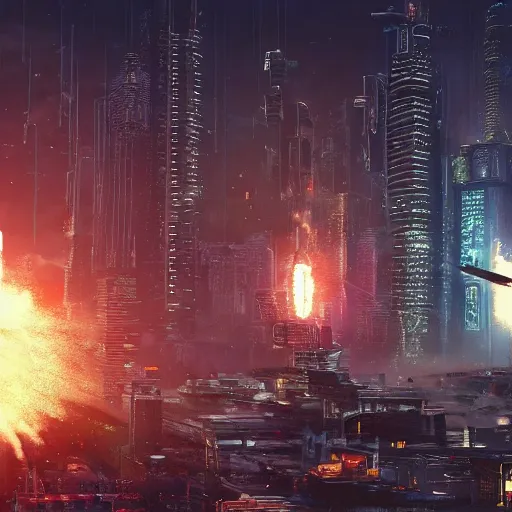 Image similar to cyberpunk city being bombarded by napoleonic cannons.
