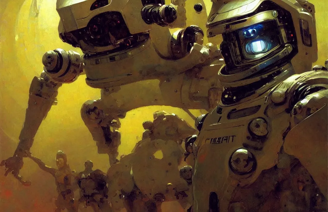 Image similar to portrait of futuristic space robot!!!!!!!!!!!!!!!!!!!!!!!!!!!, detailed face, detailed painting, epic lighting, by ilya repin, phil hale and kent williams